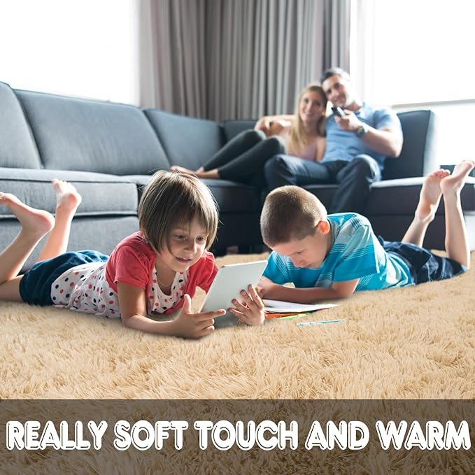 KING DARE Beige Rug for Bedroom 4x6, Fluffy Shaggy Washable Floor Area Rug, Fuzzy Furry Non-Slip Soft Plush Carpet for Living Room Playroom Kids Room Modern Aesthetic Decor