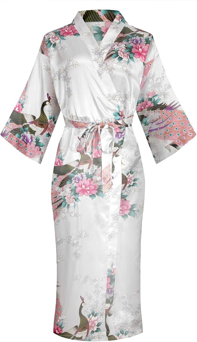 Valennia Women Long Silky Bathrobe Satin Kimono Robe Floral Printed Dressing Gown Sleepwear