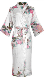 Valennia Women Long Silky Bathrobe Satin Kimono Robe Floral Printed Dressing Gown Sleepwear