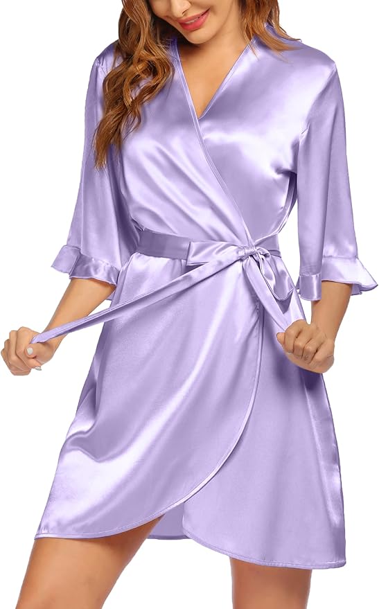 Ekouaer Women's Satin Robe Valentines Lingerie for Women Kimono Bathrobe Short Ruffle Belted Robes Bridesmaids Sleepwear