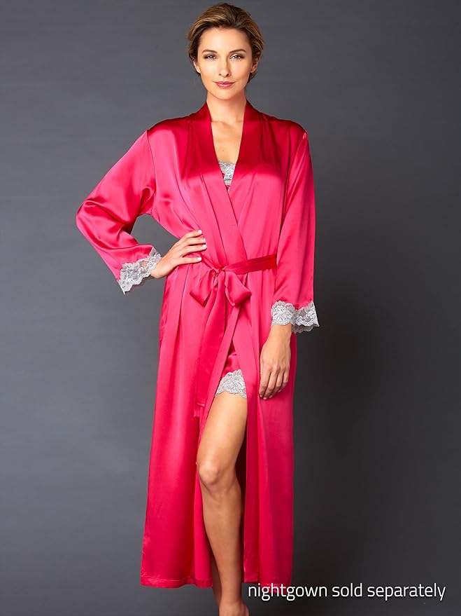 Julianna Rae Women's 100% Silk Robe, Lace Trim, Indulgence Collection, Lingerie, Beautiful Gift Packaging