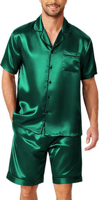 Ekouaer Mens Pajamas Set Silk Satin Sleepwear Short Sleeve Button Down Pjs Set 2 Piece Loungewear with Pockets S-XXL