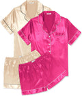 Ekouaer 2 Pack Pajama Sets for Women Silk Satin Pj Short Sleeve Button Down Sleepwear Top and Shorts Summer Lounge Set S-XXL