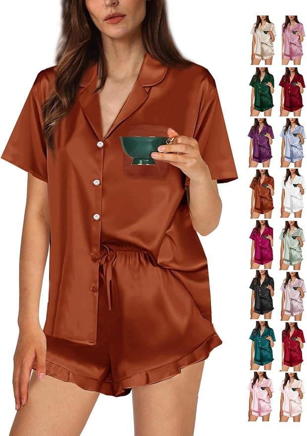 WJing Yi Jia Ruffle Pajama Sets For Women XS-4XL Womens Silk Satin Pajamas Set Silky Sleepwear Pj Sets Nightwear Loungewear
