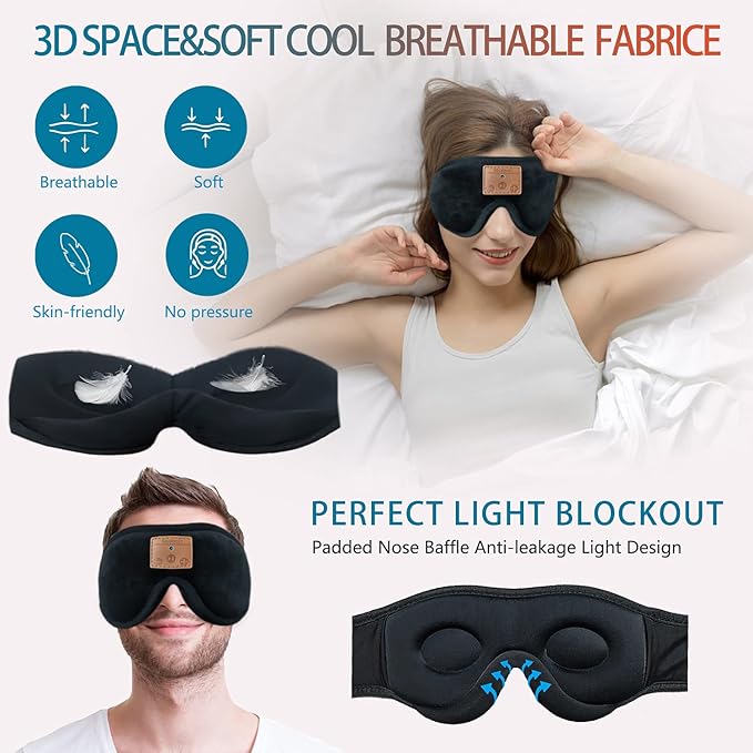 Bluetooth Sleep Mask, Sleep Mask with Bluetooth Headphones, Eye Mask with Sleeping Headphones for Side Sleeper, Nap, ASMR, Air Travel, Meditation, Relaxation-Black
