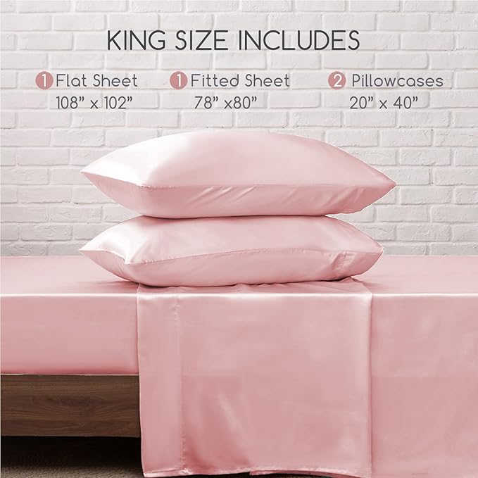 MR&HM Satin Bed Sheets, King Size Sheets Set, 4 Pcs Silky Bedding Set with 15 Inches Deep Pocket for Mattress (King, Light Pink)