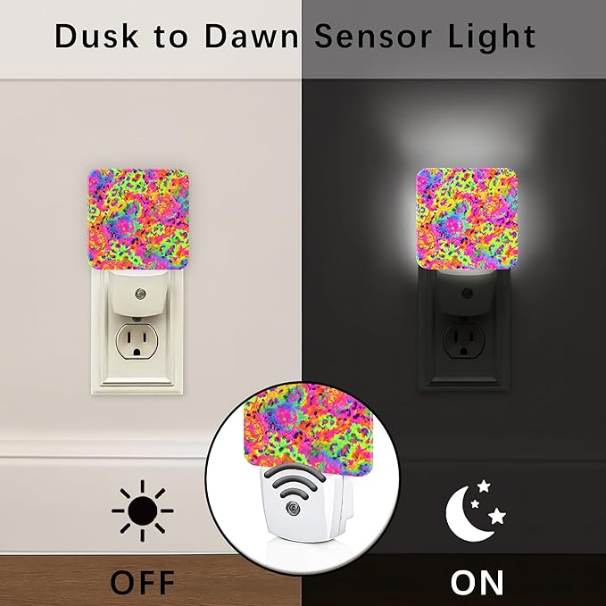 Floral Night Lights Plug Into Wall, Modern Playful Swirls Colorful Patterns Summer Neon Peach Plug in Wall Night Light with Auto Sensor for Bathroom Hallway Stairs Decor 2pcs