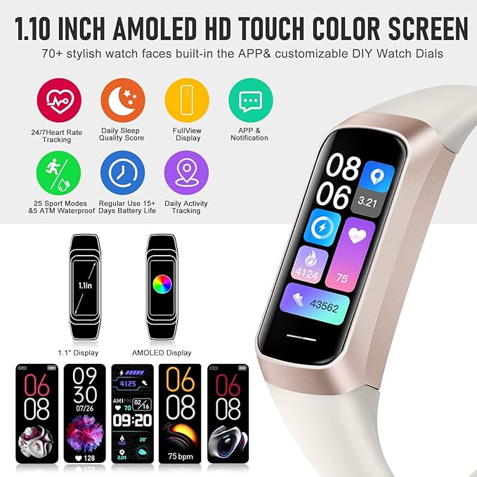 Fitness Tracker, Activity Trackers with 24/7 Heart Rate, Blood Oxygen Blood Pressure Sleep Monitor, Step Counter with 1.1" AMOLED Touch Color Screen, Calorie Pedometer Health Smart Watch for Women Men