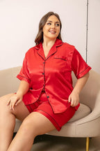 Vozanet Women's Short Sleeve Satin Pajama Sets Silky Ladies Button Down Loungewear Plus Size Nighty Shorts Sets XL to 5XL