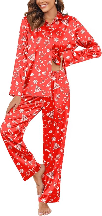 Ekouaer Women Satin Silk Pajamas Classic Long Sleeve Button Down Pjs Set Soft Loungewear