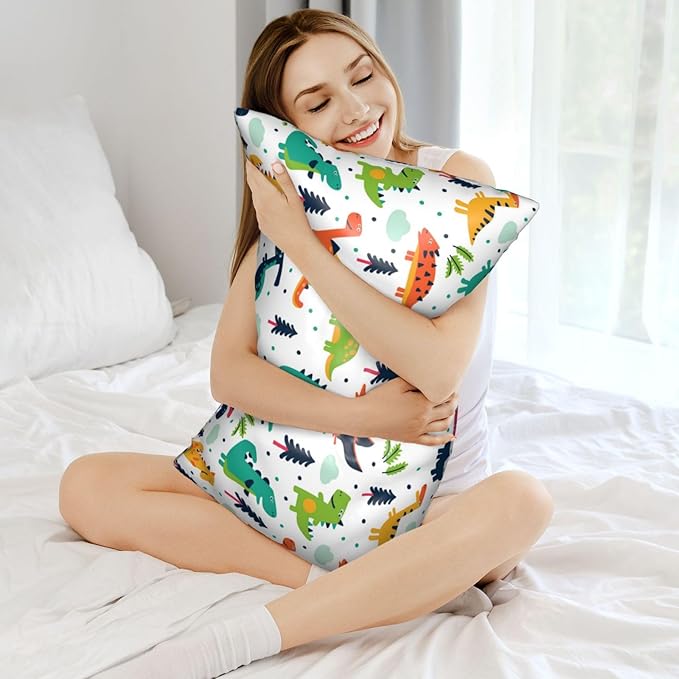 Imitation Silk Pillow Case for Hair and Skin Cute Cartoon Dinosaur Queen Size 1 Pack Satin Pillow Cases with Zipper Super Soft Pillow Cover for Women Bed Sleeping, 20x30 Inches