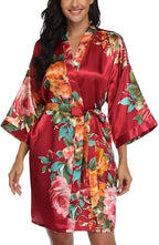 Floral Silk Robes for Women Kimono Satin Short Bath Robe Bridal Dressing Gown Bride Bridesmaids Lightweight Bathrobes