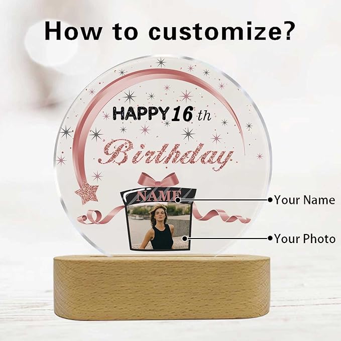 Customized Birthday Gifts Personalized Acrylic LED Night Light Lamp Crystal Ball Plaque Custom Photo Name Birthday Gifts for Mom Kids (Rose Gold and Black)