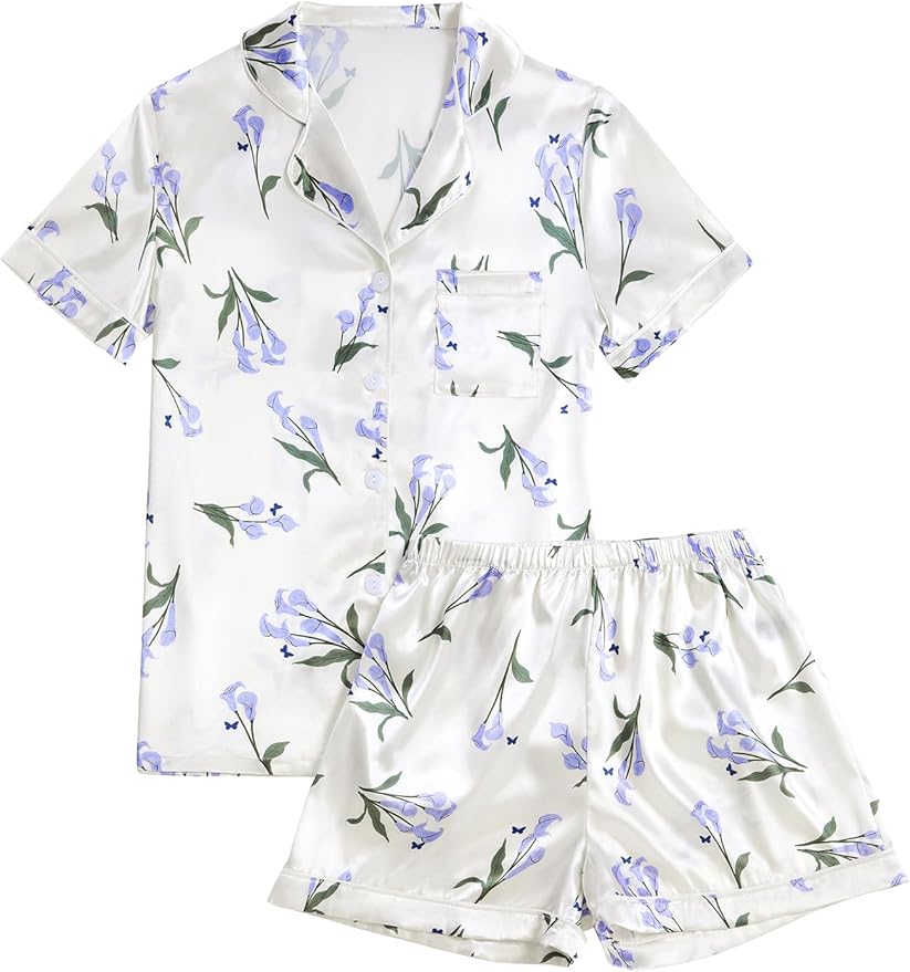 LYANER Women's Silky Satin Pajamas Set Short Sleeve Button Down Shirt With Shorts Pjs Set Sleepwear