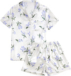 LYANER Women's Silky Satin Pajamas Set Short Sleeve Button Down Shirt With Shorts Pjs Set Sleepwear