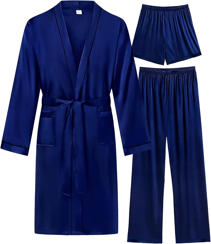 SWOMOG Mens 3 PCS Satin Robe with Pants & Shorts Set Kimono Bathrobe Long Sleeve Sleepwear Pjs Sets with Pockets