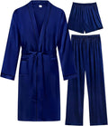 SWOMOG Mens 3 PCS Satin Robe with Pants & Shorts Set Kimono Bathrobe Long Sleeve Sleepwear Pjs Sets with Pockets