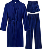SWOMOG Mens 3 PCS Satin Robe with Pants & Shorts Set Kimono Bathrobe Long Sleeve Sleepwear Pjs Sets with Pockets