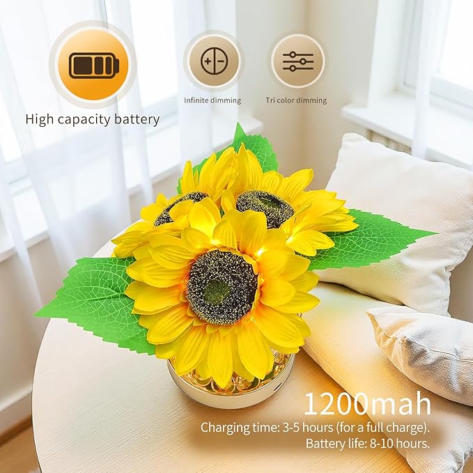 Flower Lamp with USB Charge,3-Colour Infinitely Dimmable Artificial Sunflower LED Table Lamp,Rechargeable Cordless Touch Small Night Light,Gift Ideas for Mothers Day,Xmas,Birthday (Sunflowers02)