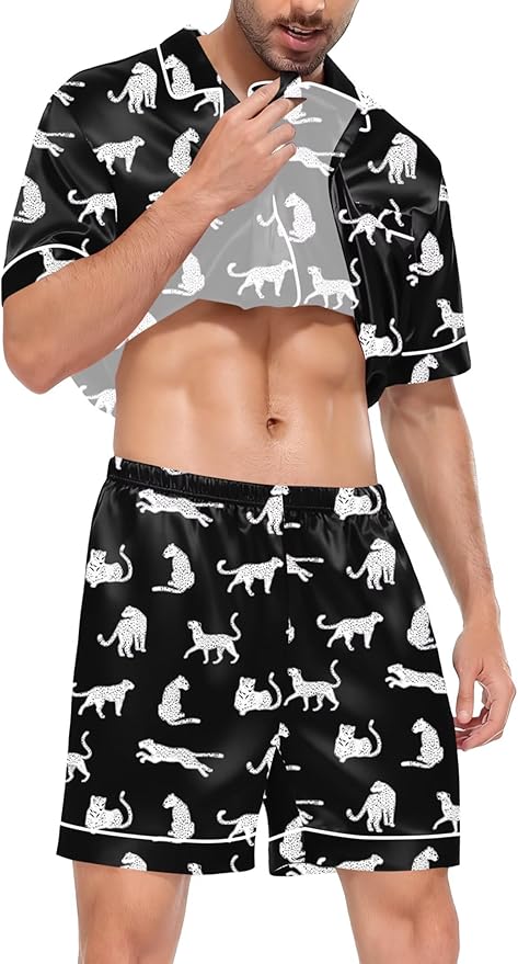 SWOMOG Satin Matching Pajamas Sets Couple Silk Button Down Nightwear Women & Men Short Sleeve Sleepwear 2 Pieces Loungewear