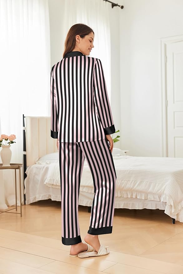 Ekouaer Silk Pajamas for Women Long Sleeve Satin Pajama Set Silky Pj Sets 2 Piece Button Down Loungewear Sleepwear