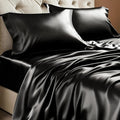 BEDELITE King Size Sheets Set, Luxury Soft Black Satin Sheets for Hair and Skin, Similar to Silk Bed Sheets Set 4 Pieces with 1 Deep Pocket Fitted Sheet, 1 Flat Sheet, and 2 Pillowcases