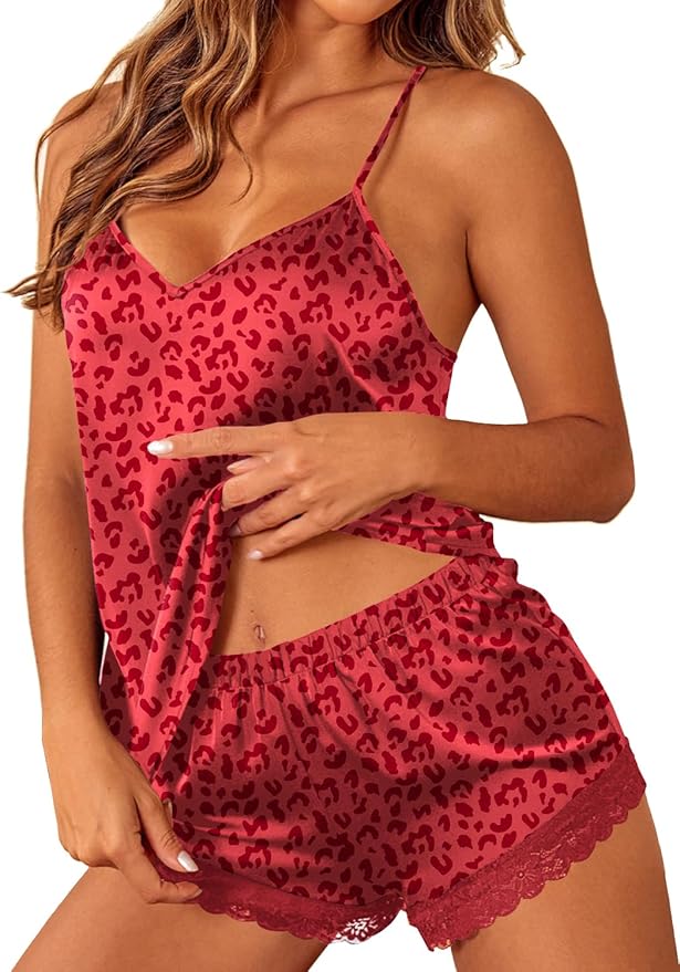Ekouaer Satin Pajamas Women Lace Sleepwear Lingerie Cami Shorts Set Nightwear XS-XXL