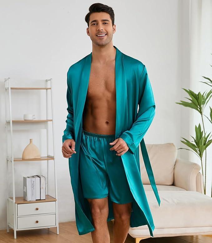 ZUEVI Men's Kimono Robe Set Silk Satin Long Sleeve Bathrobe with Shorts 2 PCS Sleepwear Pjs Sets