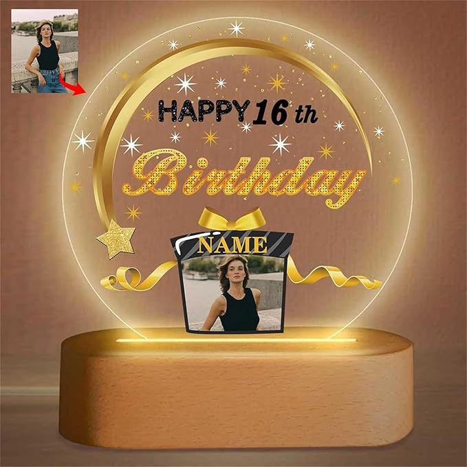 Customized Birthday Gifts Personalized Acrylic LED Night Light Lamp Crystal Ball Plaque Custom Photo Name Birthday Gifts for Mom Kids (Black and Gold)
