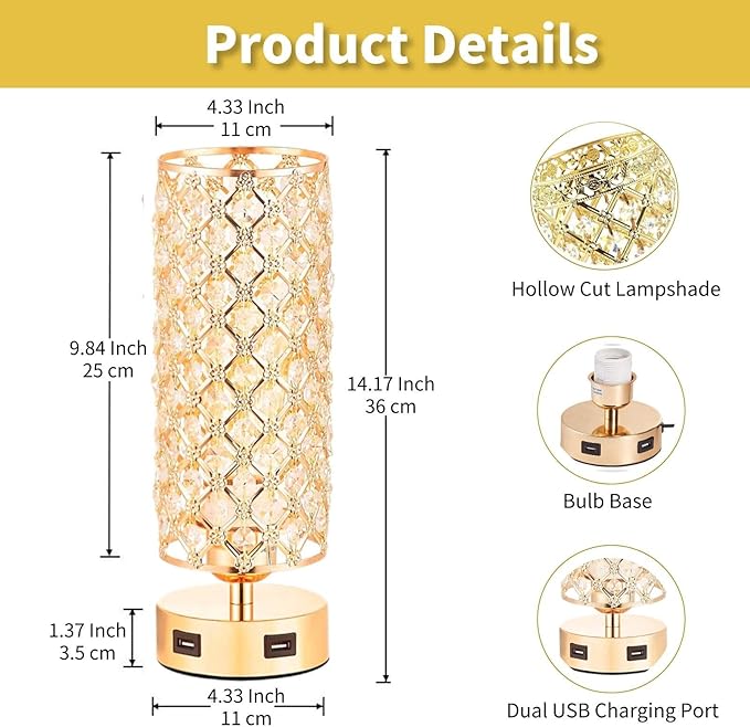 Crystal Table Lamps, Small Touch Desk Lamp Bedside Bedroom Lamp with 2 USB Charging Port Nightstand Night Light Room Decor for Kids Room, Home Office, Living Room,Bar, Restaurant (Gold)