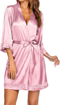 Ekouaer Women's Lace-Trim Silk Robes Bride Bridesmaid Kimono Satin Bathrobe V Neck Sleepwear with 3/4 Sleeve