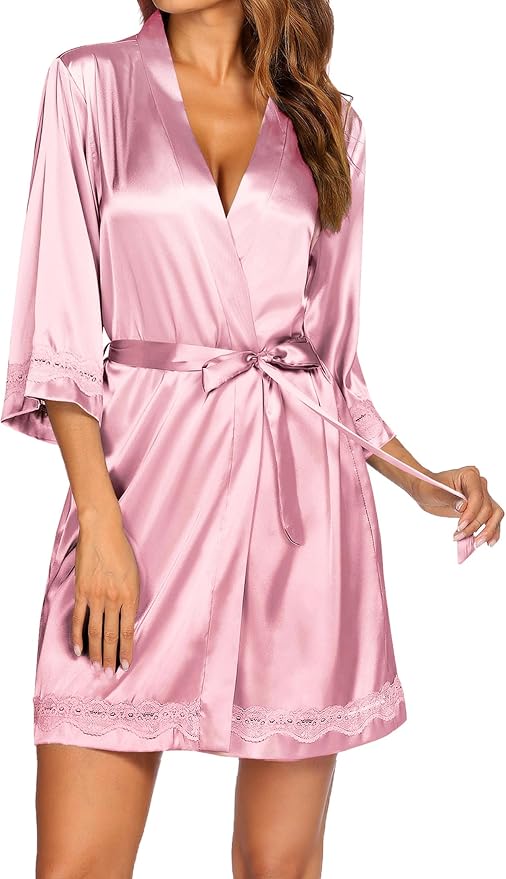 Ekouaer Women's Lace-Trim Silk Robes Bride Bridesmaid Kimono Satin Bathrobe V Neck Sleepwear with 3/4 Sleeve