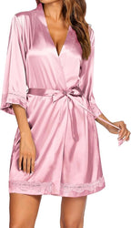 Ekouaer Women's Lace-Trim Silk Robes Bride Bridesmaid Kimono Satin Bathrobe V Neck Sleepwear with 3/4 Sleeve