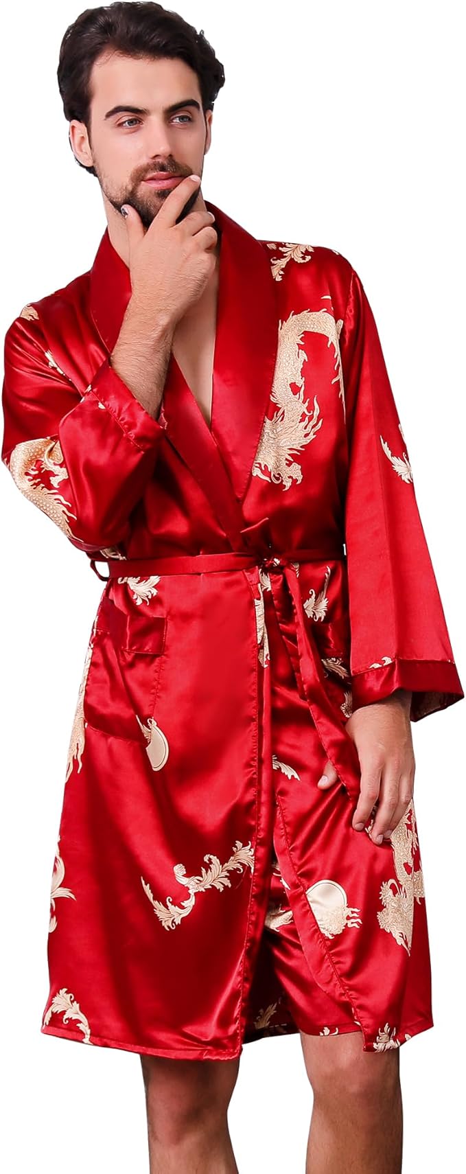 Haseil Men's Satin Robe Dragon Luxurious Silk Spa Long Sleeve House Kimono Bathrobe