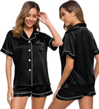 SWOMOG Womens Silk Satin Pajamas Set Short Sleeve Sleepwear Button Down Top and Shorts Loungewear 2 Piece Pjs Set XS-3XL