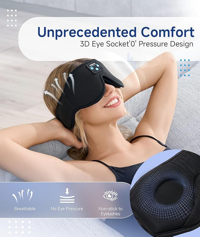 Voerou Sleep Headphones, 3D Bluetooth 5.4 Sleep Mask Wireless Eye Mask, Sleeping Mask with Bluetooth Headphones for Side Sleepers with Ultra-Thin Speakers, Perfect for Sleeping Travel Christmas Gifts