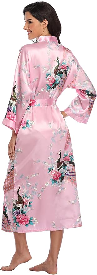 Valennia Women Long Silky Bathrobe Satin Kimono Robe Floral Printed Dressing Gown Sleepwear