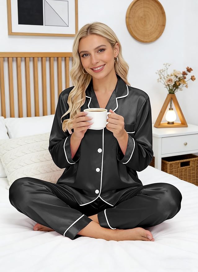 DOLOS Silk Satin Pajama Set for Women Short/Long Sleeve 2-Piece Silky Pajamas for Women Button Down Pjs Sleepwear Loungewear