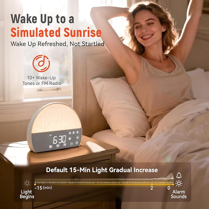 Sunrise Alarm Clock for Heavy Sleepers & Adults, Wake Up Light with Bluetooth Speaker, White Noise Machine with 30 Soothing Sounds, FM Radio, Dual Alarms, Dimmable Clock, Smart Touch Screen