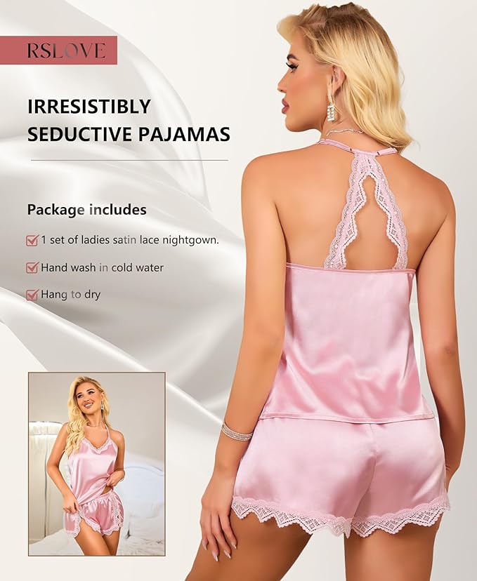 RSLOVE Women Pajama Set Sleepwear - Satin Pajamas Silk V Neck Cami and Shorts Pjs 2 Piece Womens Sexy Lace Lounge Nightwear
