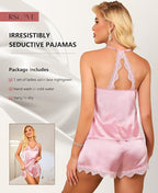 RSLOVE Women Pajama Set Sleepwear - Satin Pajamas Silk V Neck Cami and Shorts Pjs 2 Piece Womens Sexy Lace Lounge Nightwear