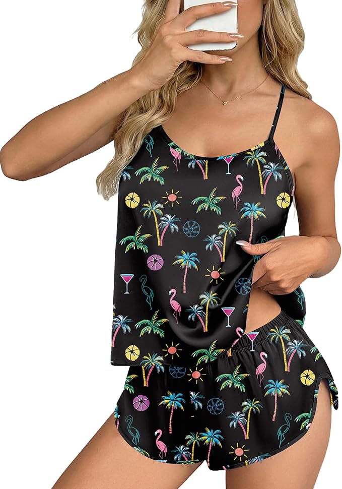 Ekouaer Silk Pajamas Set for Women Satin Backless Lingerie Pjs Cami Top and Shorts Nightwear