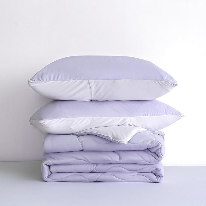 COTTEBED Reversible Ultra-Soft Purple and Light Pink King Size Bed Comforter Set, Jersey Knit T-Shirt Feel Cute Comy Bedding Down Blanket Quilt & Pillowcase Lightweight All Season California Cal King