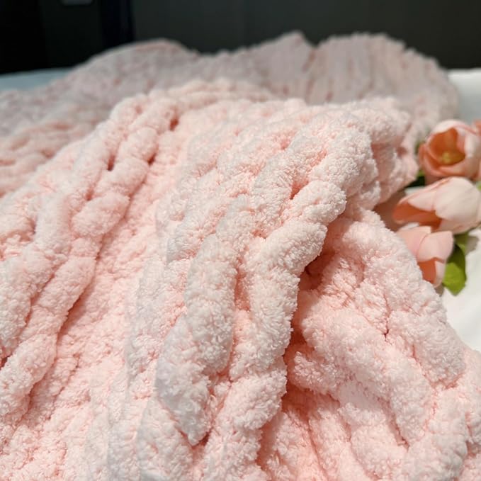 Chunky Knit Blanket Throw 48"x71", Chenille Throw Blankets, Handmade Warm & Cozy Blanket Couch Bed Home Decor, Soft Breathable Fleece Banket, Christmas for Couch Bed Sofa Best Gift (Pink)