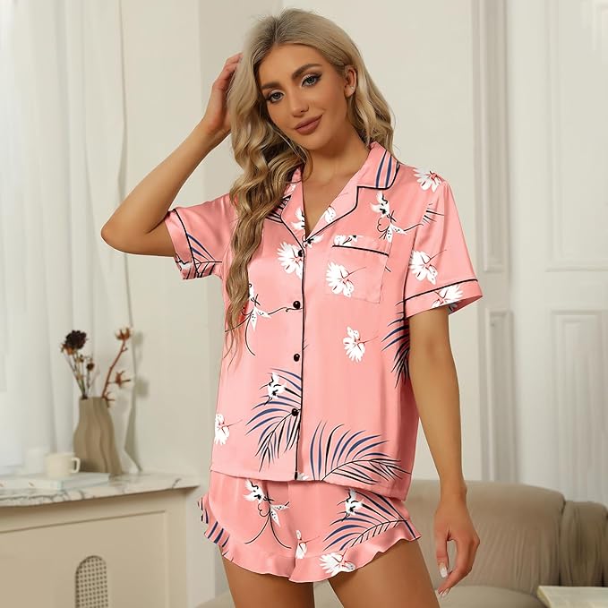 SAPJON Satin Silk Pajamas for Women 2Pcs Ruffle Notch Collar Sleepwear Button Down Short Sleeve Shorts Pjs Set Loungewear