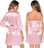 SWOMOG Women's Satin Robe Set 2 Piece Sexy Pajamas Sets Lace Cami Nightgown and Silk Robes Nightwear