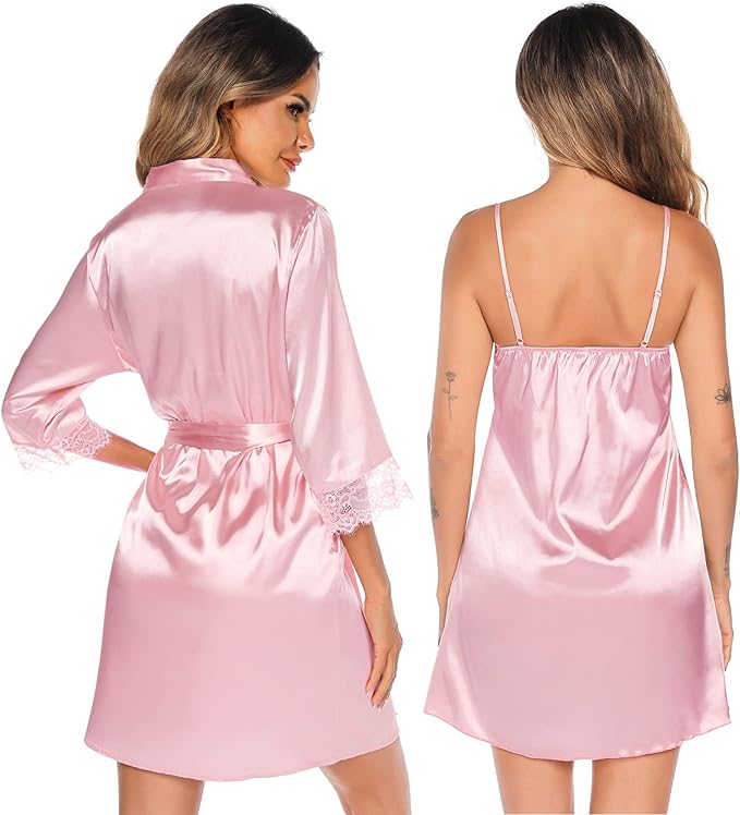 SWOMOG Women's Satin Robe Set 2 Piece Sexy Pajamas Sets Lace Cami Nightgown and Silk Robes Nightwear