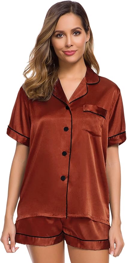 SWOMOG Womens Silk Satin Pajamas Set Short Sleeve Sleepwear Button Down Top and Shorts Loungewear 2 Piece Pjs Set XS-3XL