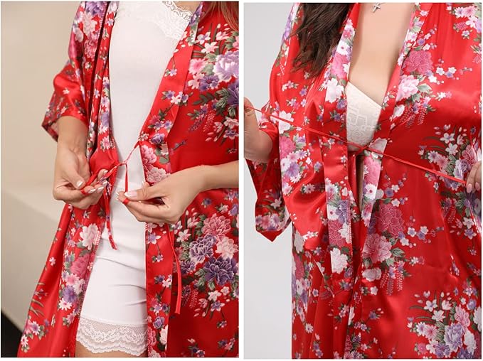 QXQTER Peony Floral Silky Satin Robe Wedding Bridal Party Bride Bridesmaid Robes for Women Dressing Gown Kimono Robe