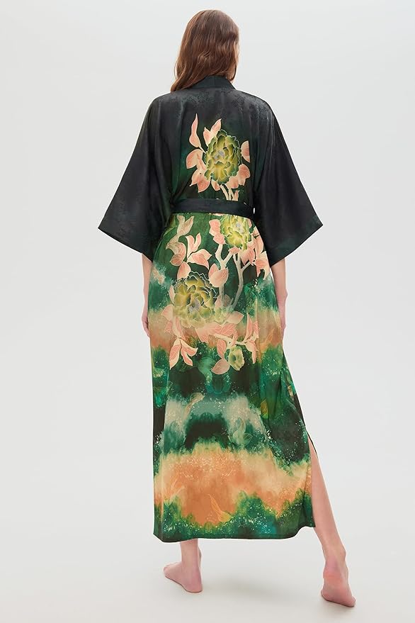 PRODESIGN Kimono Robes for Women - Long Silky Sleepwear Nightgown Bathrobe Floral Dressing Gowns Blouse Bride Bridesmaid Robe